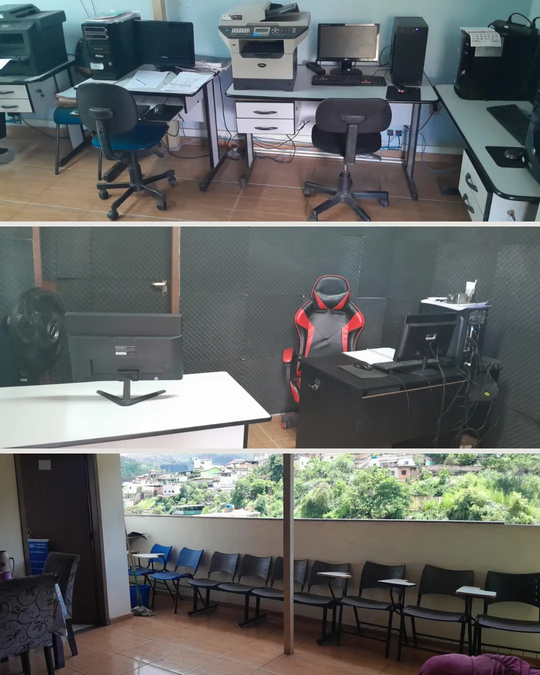 Montagem de fotos da unidade de Sabará: estações de trabalho, sala de atendimento e área de espera
